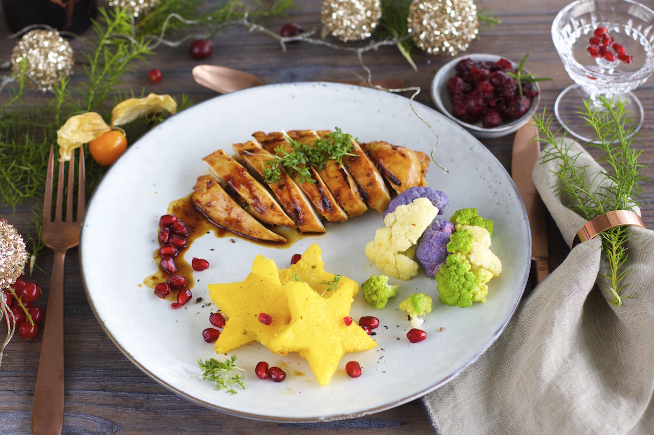 Clean EatingWeihnachtsmenü Hauptspeise Glasiertes MisoHühnchen mit